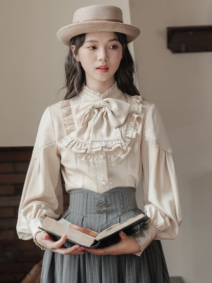 フリル+ブラウス ストライプカラー+スカート フレアレトロベスト ダーク