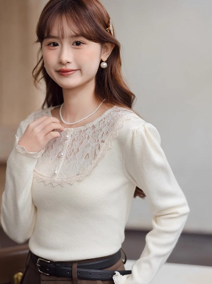 Stil Hals Slim Top Fit Französisch Spitze Rund