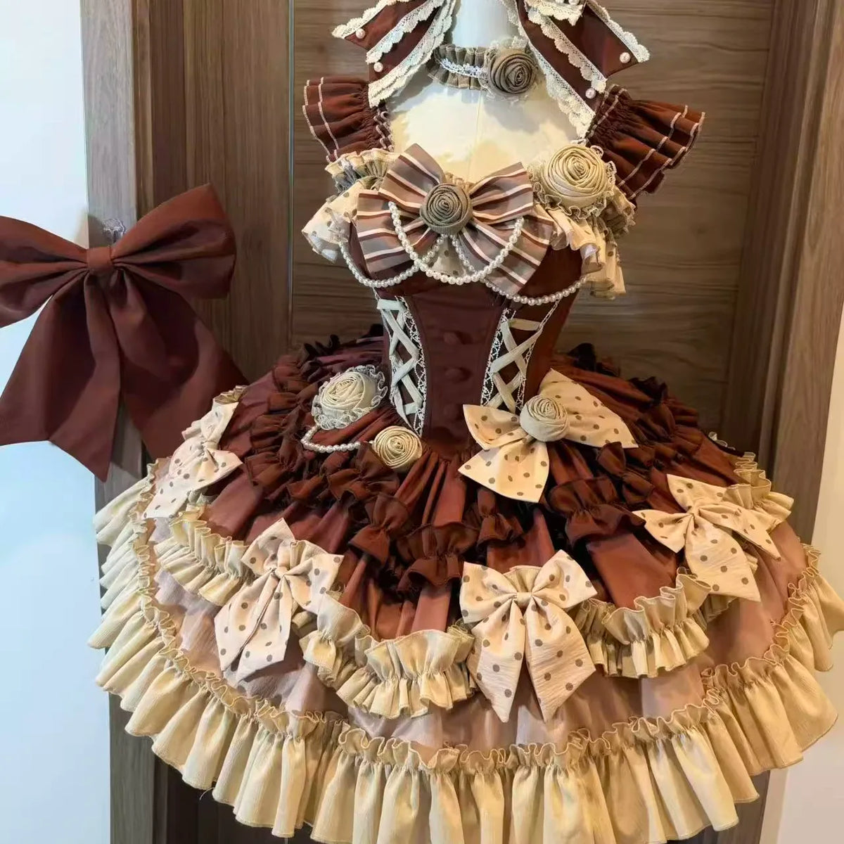 Caramel brown and cream ruffle dress with large side bow