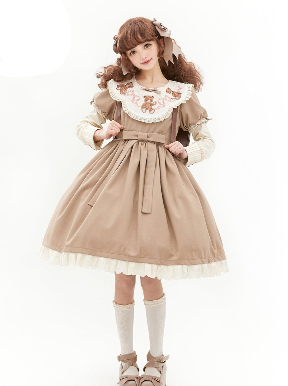 ロリータテディベアフラップレースパフスリーブリボンデレス