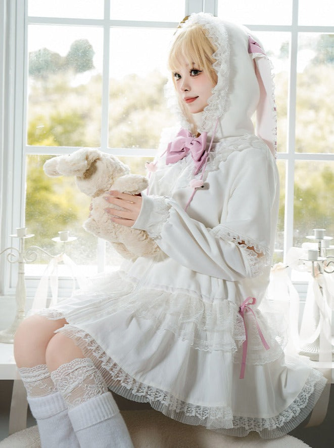 Bow Frilled Big Hooded Girly Long Bunny Dress Ears