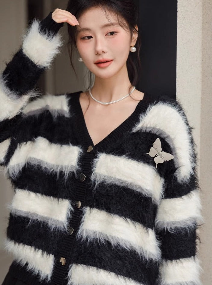 Gestreifter Schmetterlings-Chic-Shaggy-Cardigan