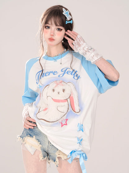 Raglan New T-Shirt Pink Blue Loose Rabbit and Design