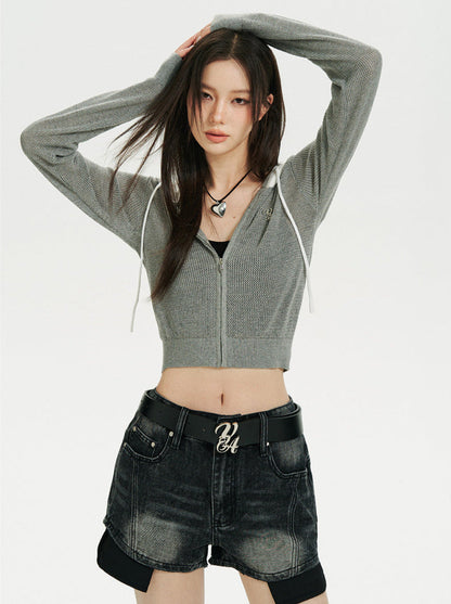 Kurzer/langer Hoodie aus transparentem Netzstrick mit Reißverschluss