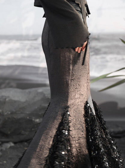 デザインスカート マーメイド チャイナ サテン スプライス フェザー スパンコール ダーク