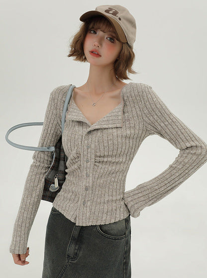 フラップニットカーディガン アメリカンカラー スリム