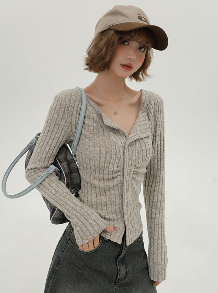 フラップニットカーディガン アメリカンカラー スリム