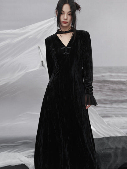 Spleißständer Chinesisches V-Kragen Mesh Romantisches Retro Samt Schwarzes Kleid