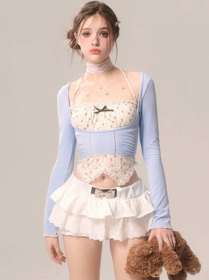 パールリボンスカート ホワイトフレンチパンツ レースフレア ホワイトアイ