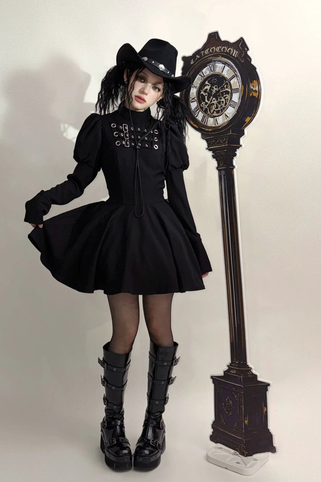 Steampunk Brown x Gothic Black Mode Buckle High Collar Puff Sleeve Doll Dress