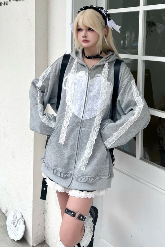 Chill Hoodie mit durchgehendem Reißverschluss und Kapuze aus Spitze