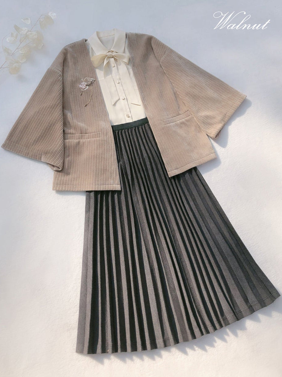 Chiffon Jacket Skirt Retro + Ribbon Checkered Dark Feather Skirt Shirt + Note Showa Brooch Cherry Gray