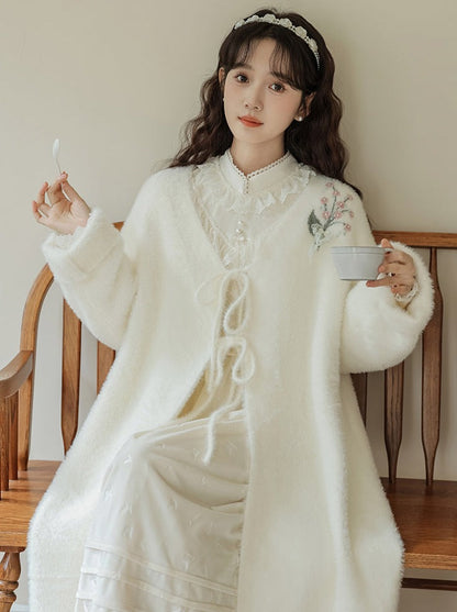 Rüschen-Gartenkleid-Cardigan, ausgestellt, Milchweiß + lang