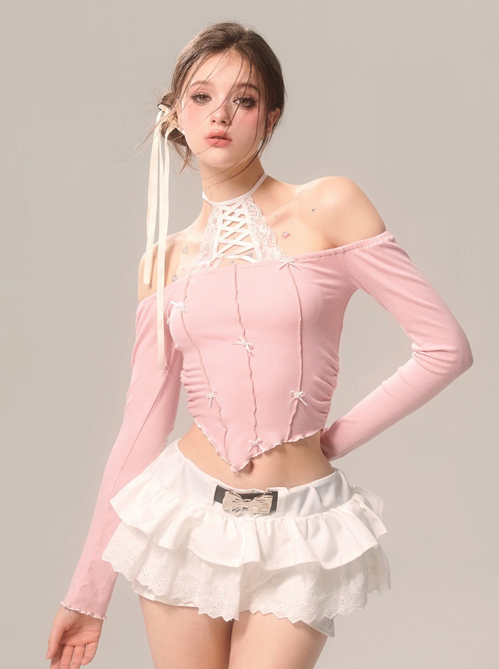 パールリボンスカート ホワイトフレンチパンツ レースフレア ホワイトアイ