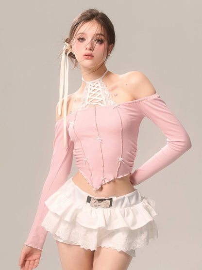 パールリボンスカート ホワイトフレンチパンツ レースフレア ホワイトアイ