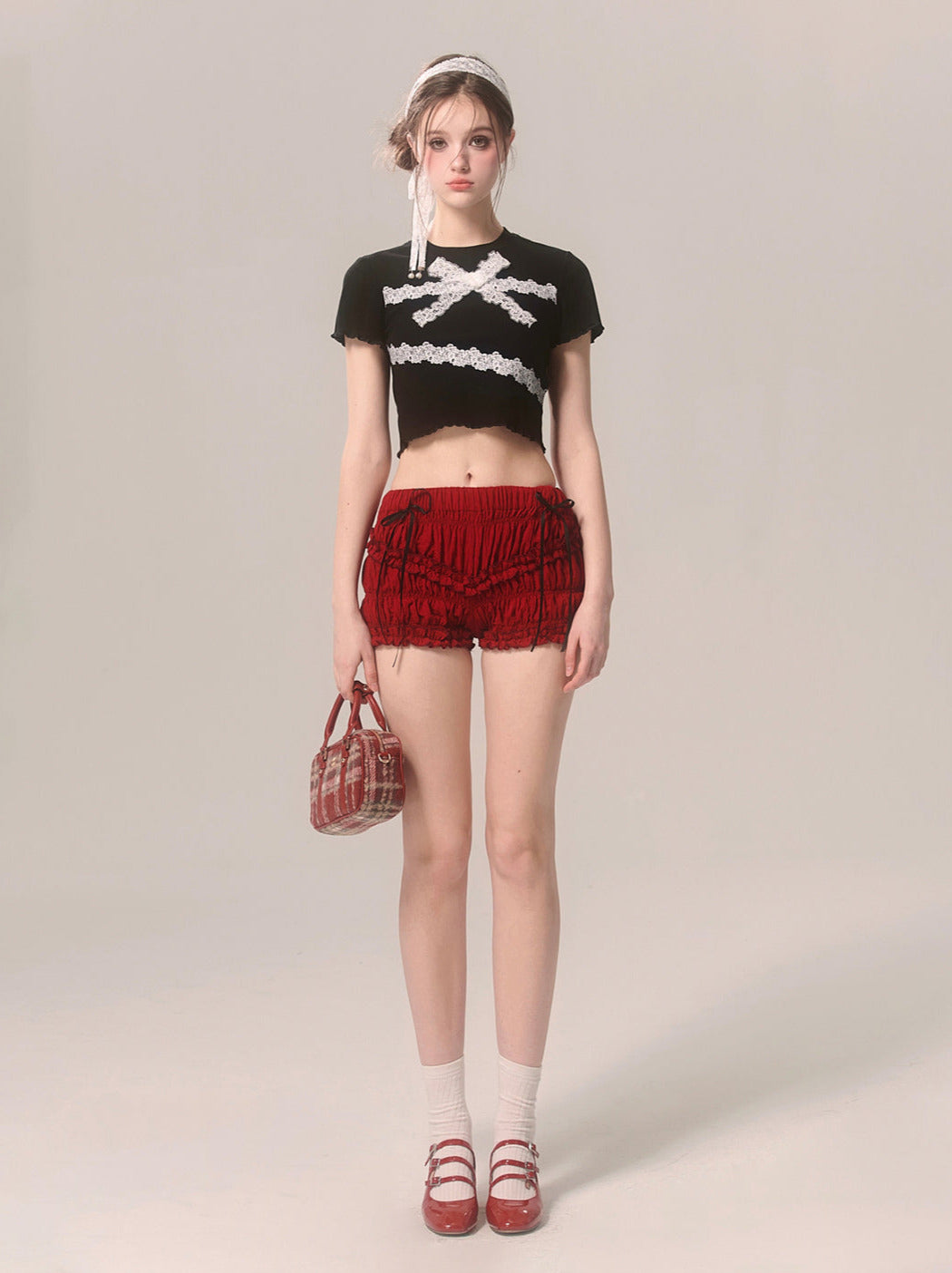 スリムレースTシャツ フリル ショートリボン