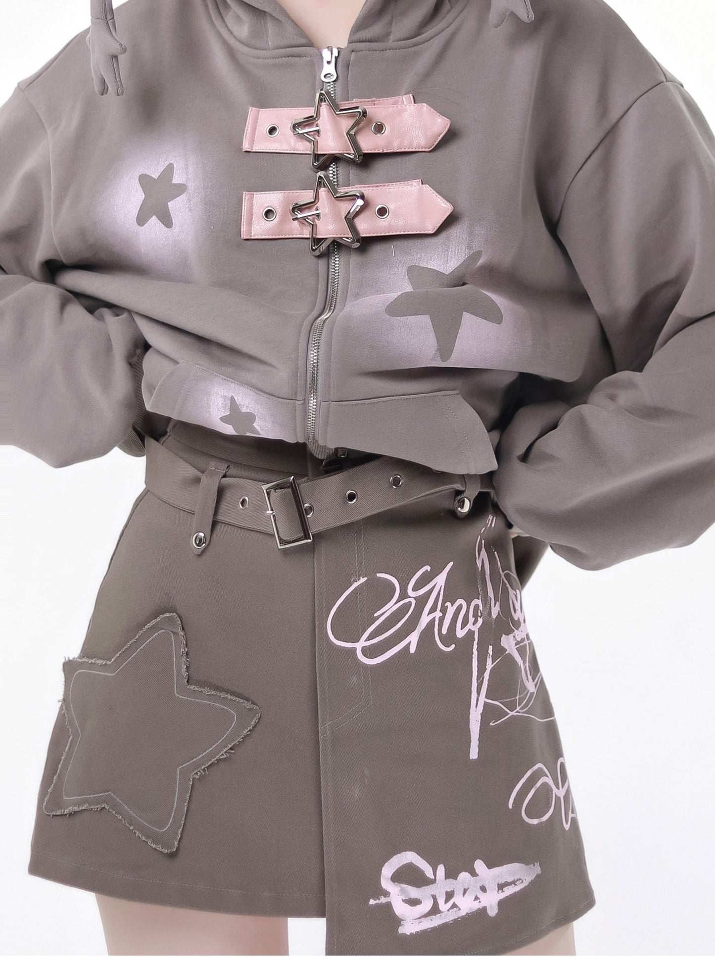 スターアメリカンプリント ルーズジップパーカー + イレギュラースカート + レッグウォーマー