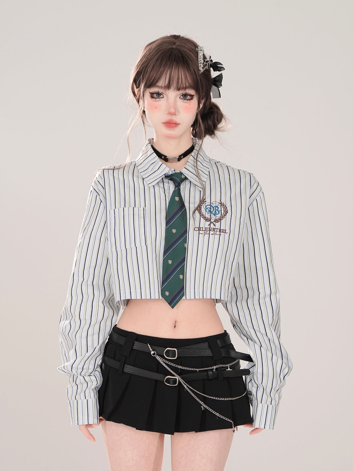 Tie Set Short Style Polo + Collar High Shirt Stripe School