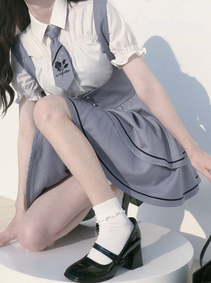 Shirt Beere Lange Wilde Ärmel + Puff Shirt Ärmel Kuchen Krawatte Rock Set Hosenträger Tutu