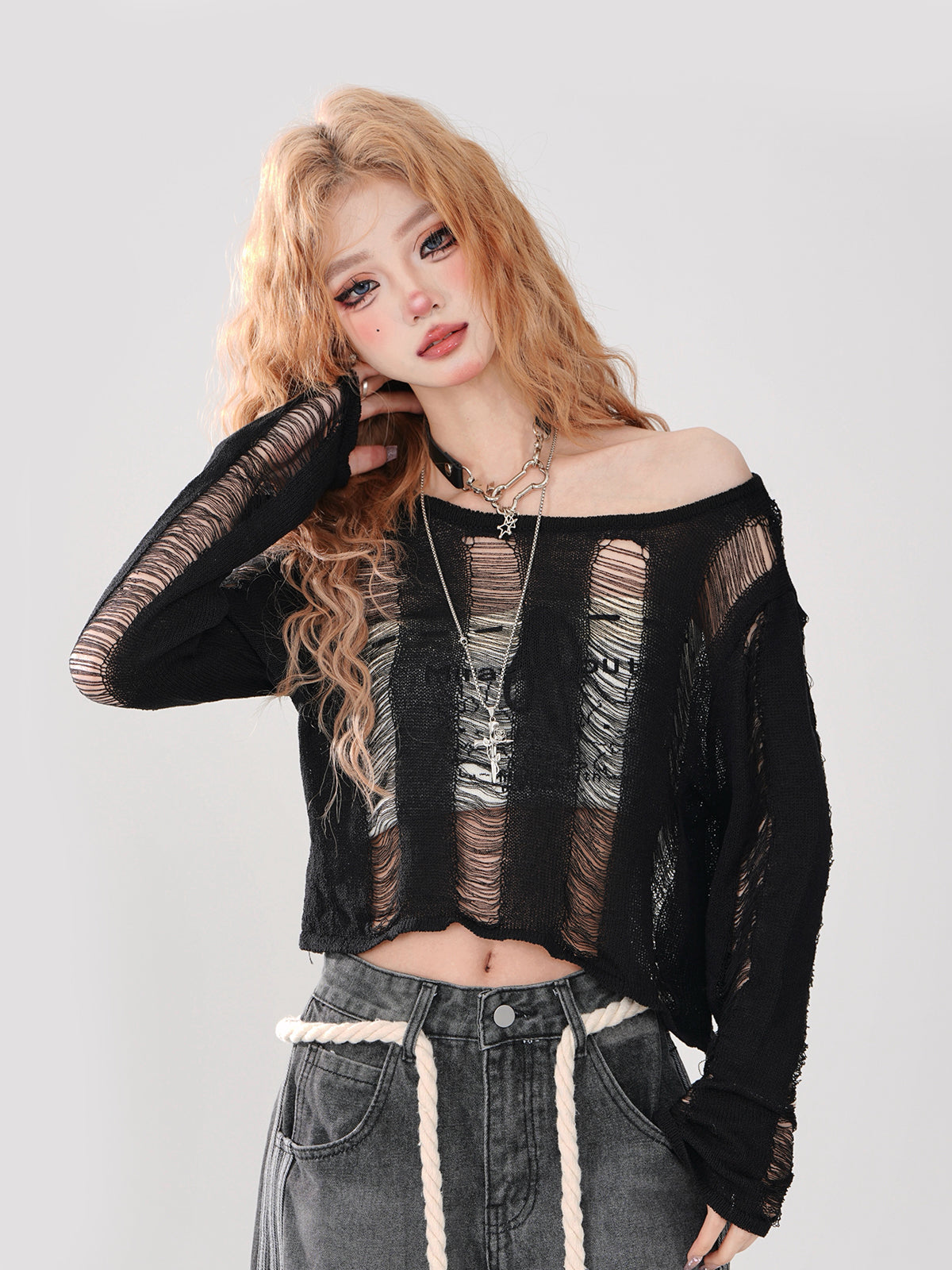 Kurzes Top zerrissen + gestrickt Off-Shoulder Schnürtop Rückenschlauch