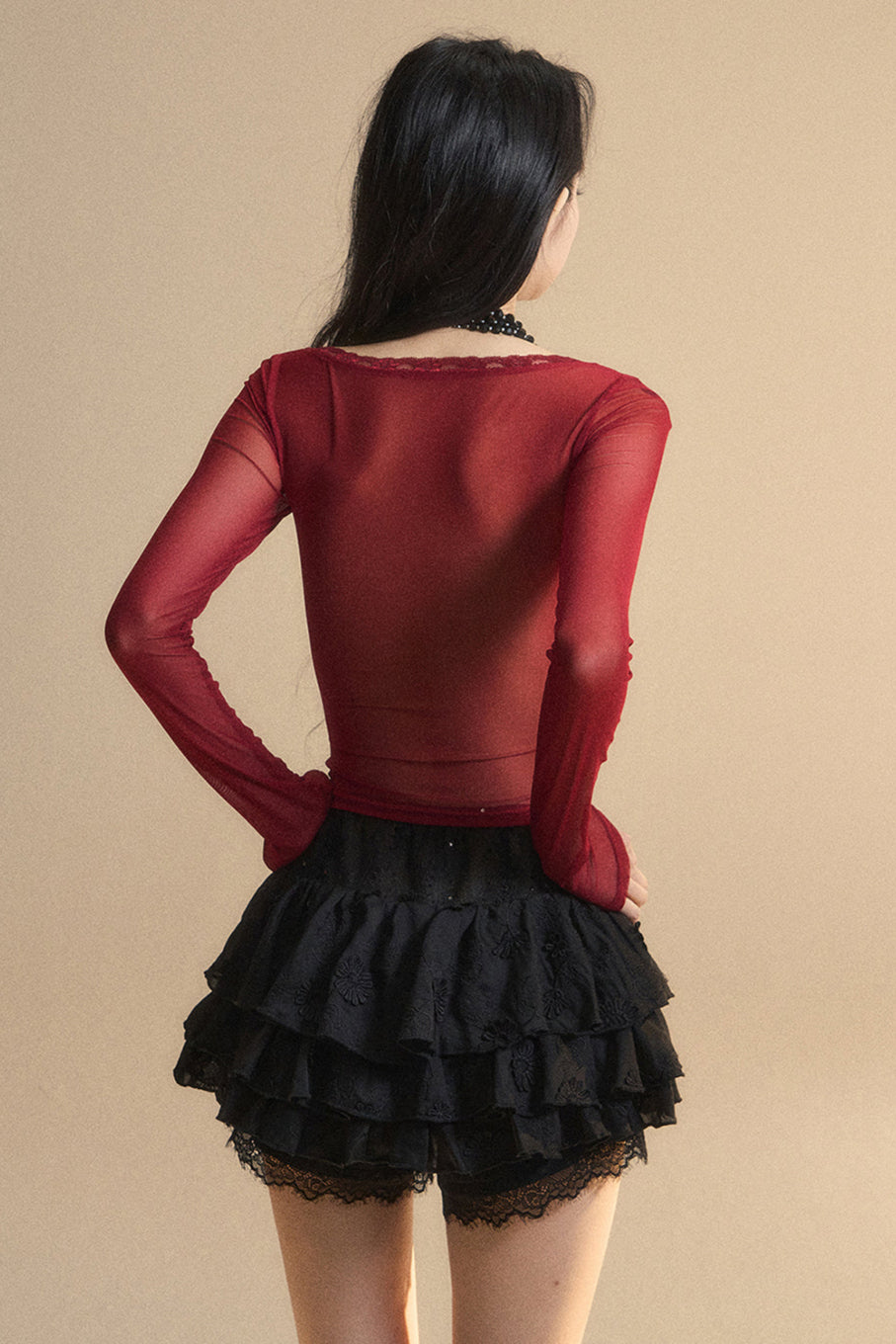 Top en maille couleur canneberge, produit en précommande, col en V en dentelle australienne