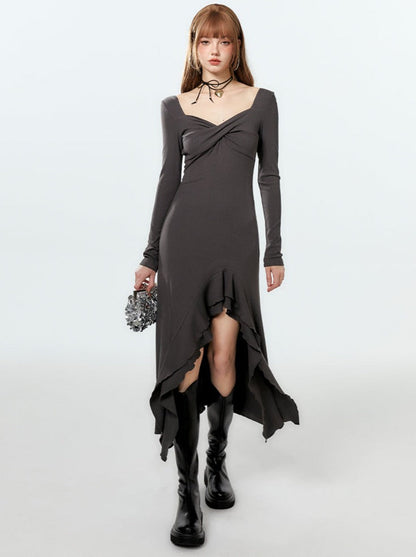 Kleid Lang Rüschen Asymmetrisch Schlitz Mode