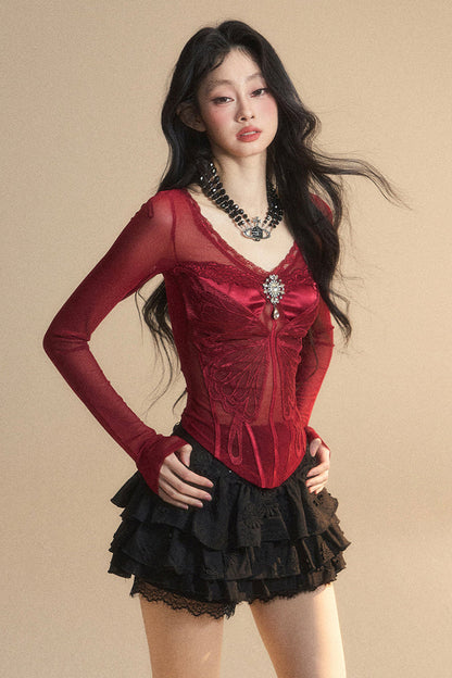 トップメッシュクランベリー 予約商品 オーストラリアンレース Vネック