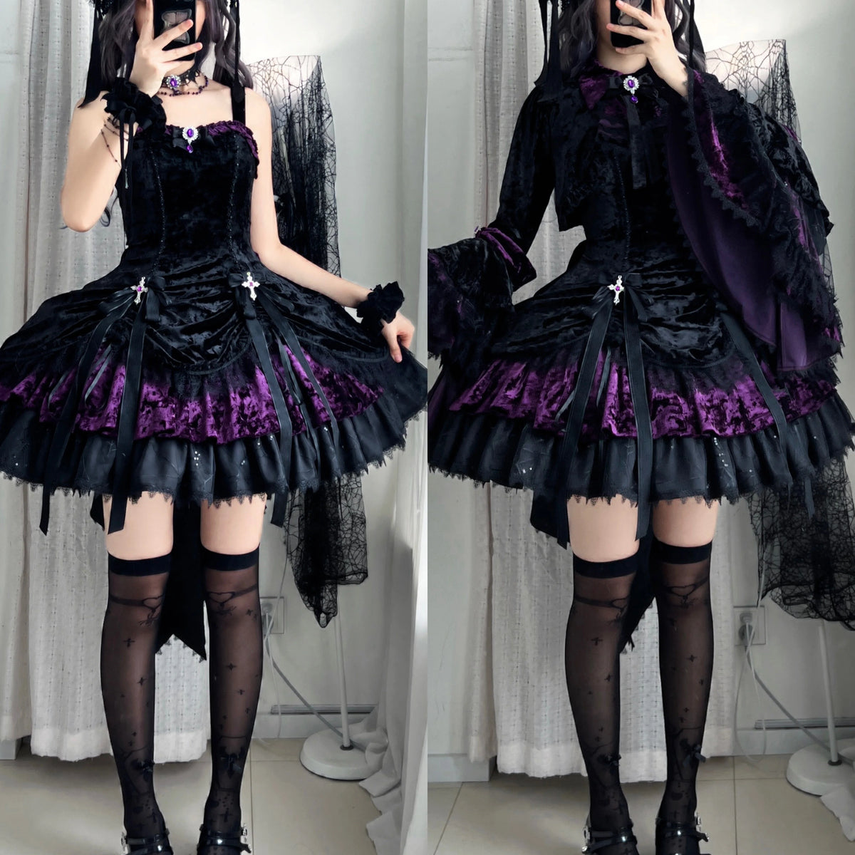 Sheer Ocean Dark Raven Poem purple Gothic Lolita JSK outfit front views
