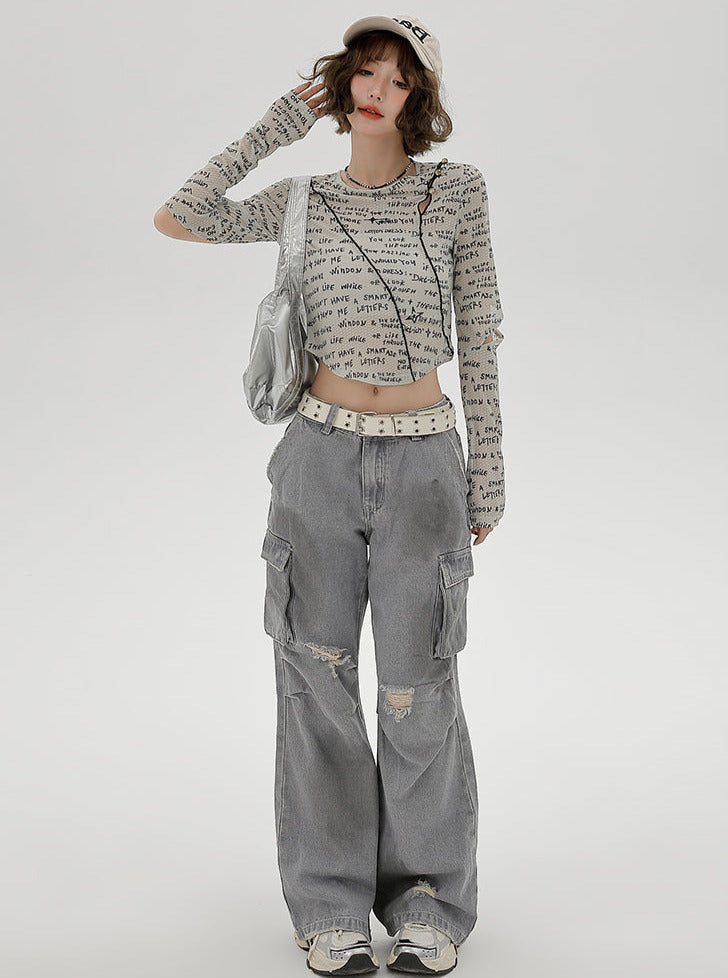 Ärmel Split Kurz Print Slim Top Buchstabe