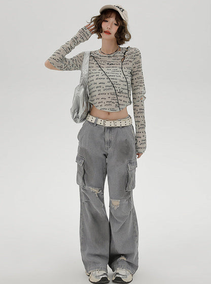 Ärmel Split Kurz Print Slim Top Buchstabe