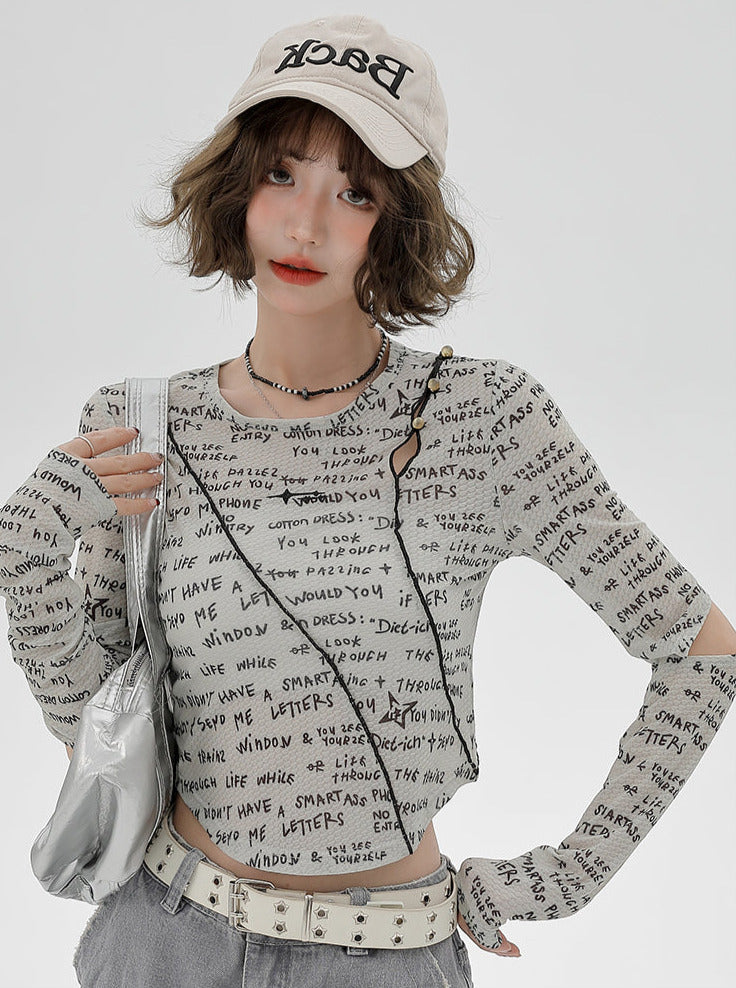 Ärmel Split Kurz Print Slim Top Buchstabe