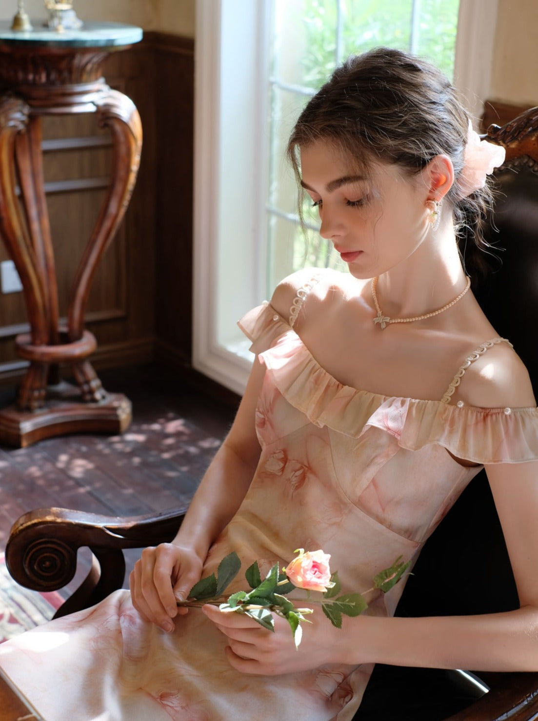 ロングサスペンダードレス フラワーブラウス カーディガン + シアー