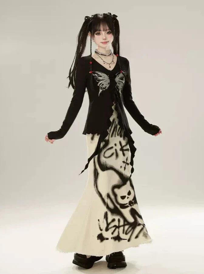 Mermaid Denim Spray Retricat Paint Skirt