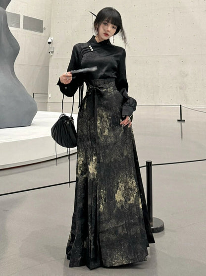 Dunkle China-Bluse + langer China-Rock