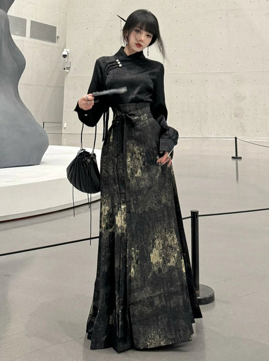 ダークチャイナブラウス + チャイナロングスカート