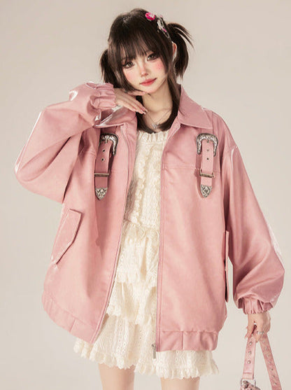 Jacket Retro Pink Design Leather Buckle Zip
