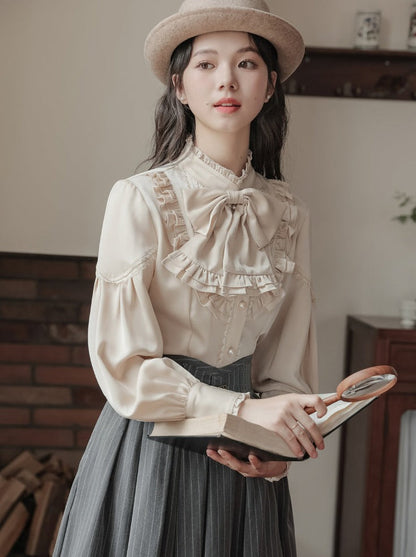 フリル+ブラウス ストライプカラー+スカート フレアレトロベスト ダーク