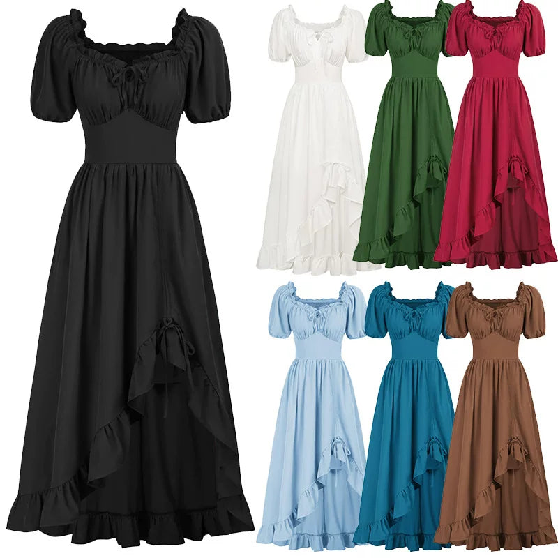 Medieval Court Short Sleeve Square Neck Dress – Irregular Hem Stage Gown