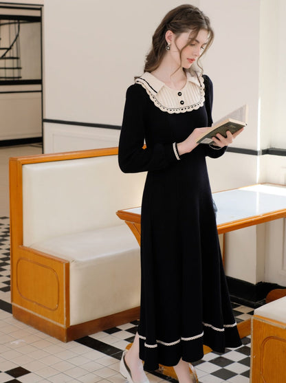 スプライシングブラックフレンチロングドレスラペルクイーンセレナーデニットクラシック