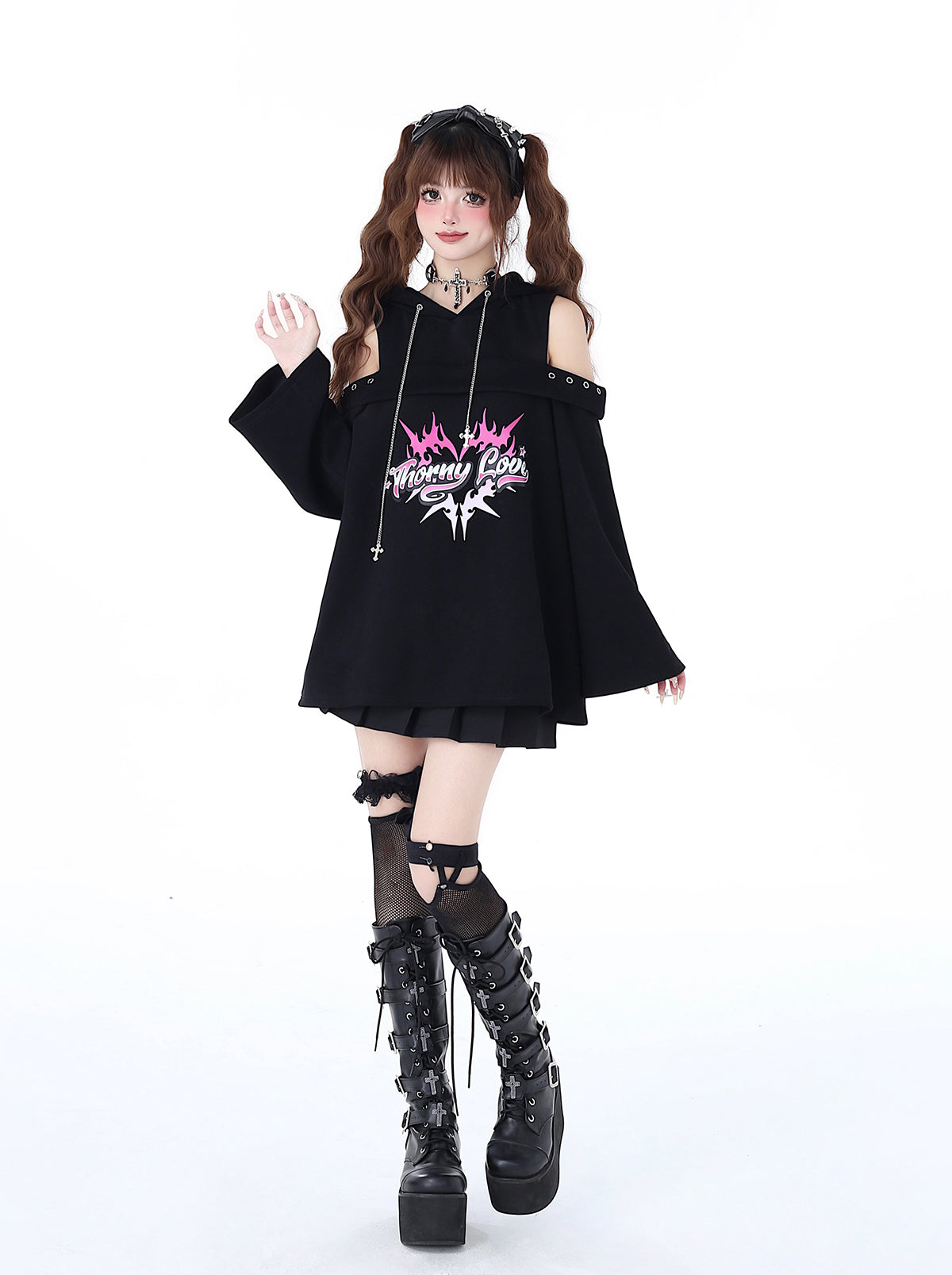 Subculture Punk Leaky Chain Spring Shoulder Original Top Dark Hooded Sweatshirt Rock