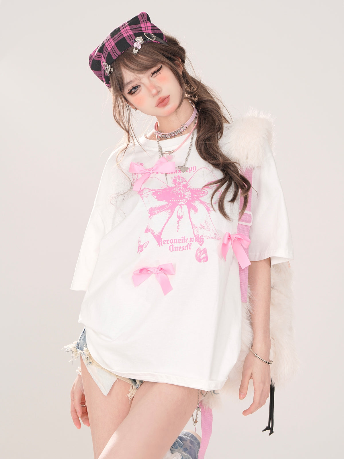 Tシャツ ストリート ラウンドプリント リボン アメリカン デコ ネック ルーズ