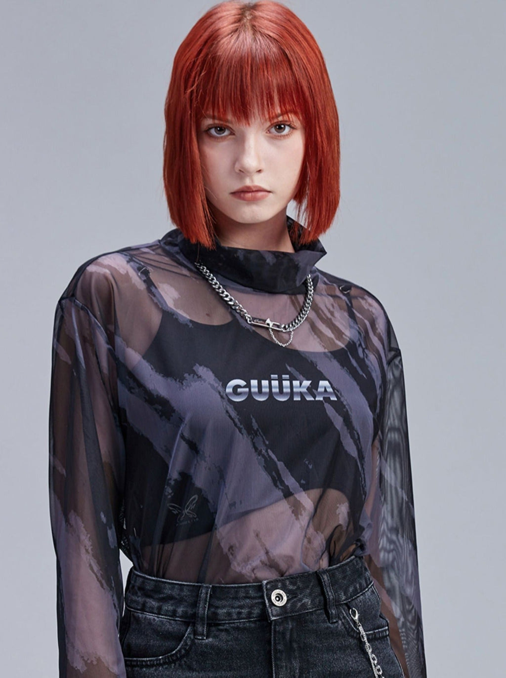 Slim Skin Mode Sheer Top Neck High Mesh