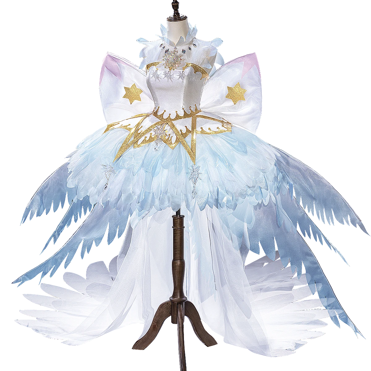 Sakura Clear Card Snow Angel cosplay dress with ice-blue layered skirt and gold stars