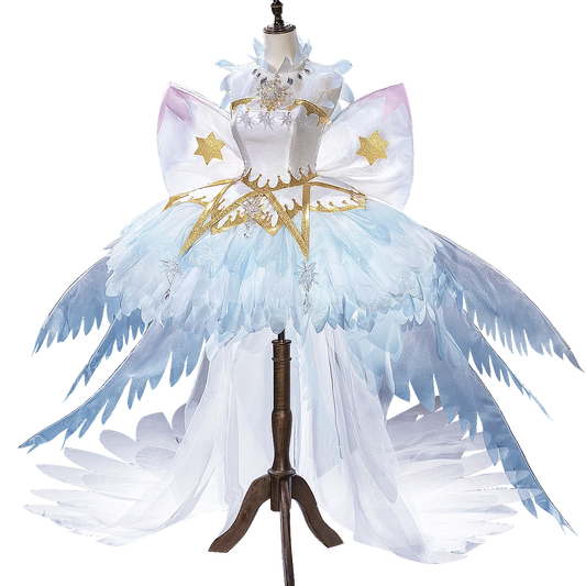 Sakura Clear Card Snow Angel cosplay dress with ice-blue layered skirt and gold stars