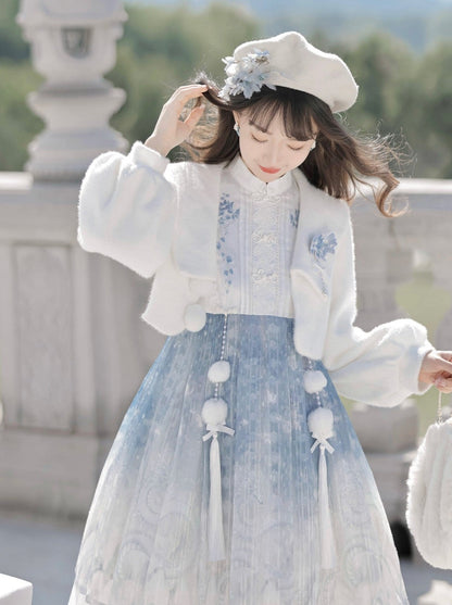 ドレス ショート ブルー チャイニーズファーコート アイス