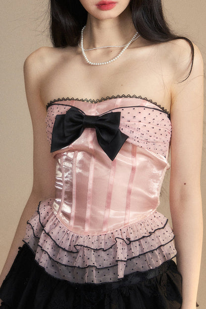 リボンレースリザーブメッシュチューブドットトップ