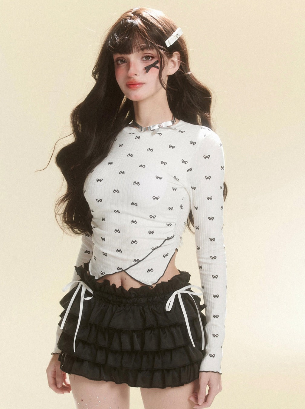 レースアップリボンスリムバッグトップ