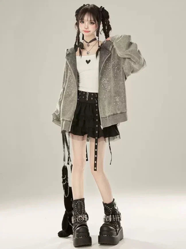 ジッパー付きフード付きダイヤモンドドゥルージーグレーパーカーライト