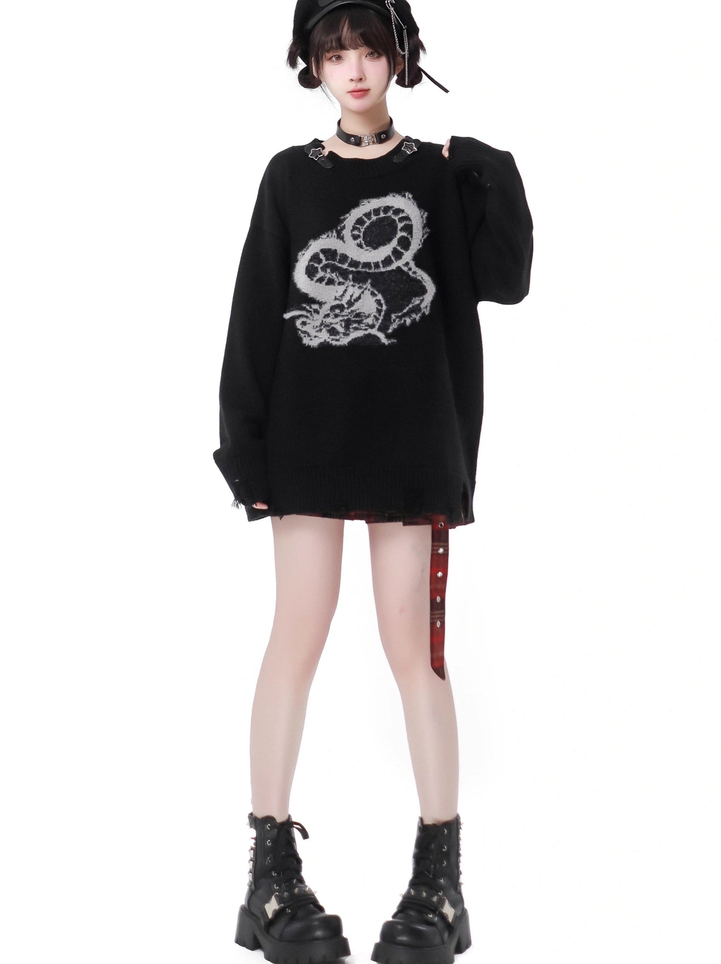 Sweater Buckle Dragon Knit Star Leather Plash