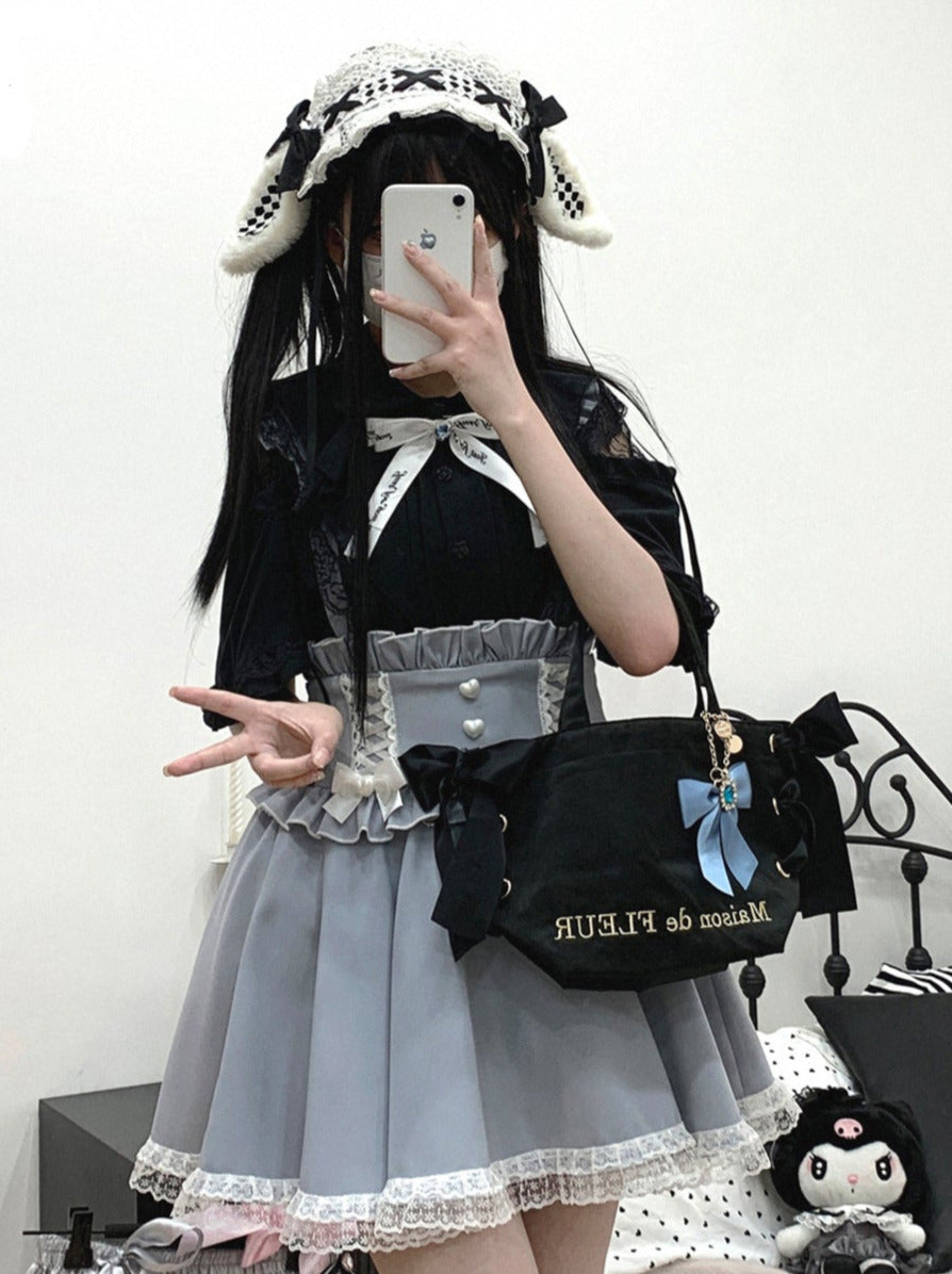 レースシアーショルダーケープマインリボンシャツ